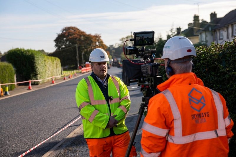 A site representative in hi-vis being filmed by a videographer on a residential highway roadworks project.