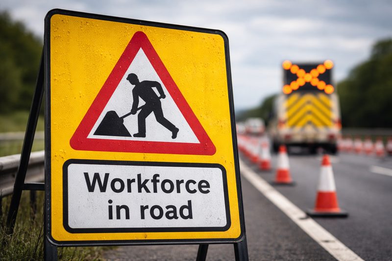 A 'Workforce in road' highway sign on a dual carriageway with traffic cones and a works vehicle.