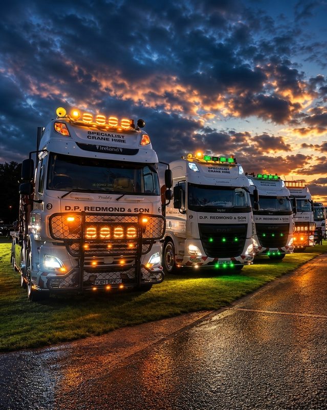 A row of specialist haulage trucks parked on grass with illuminated lighting under a dramatic sunset sky.