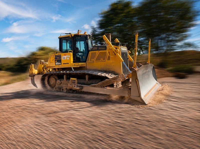 A yellow crawler bulldozer grading aggregate on a highways construction site with visible motion blur.