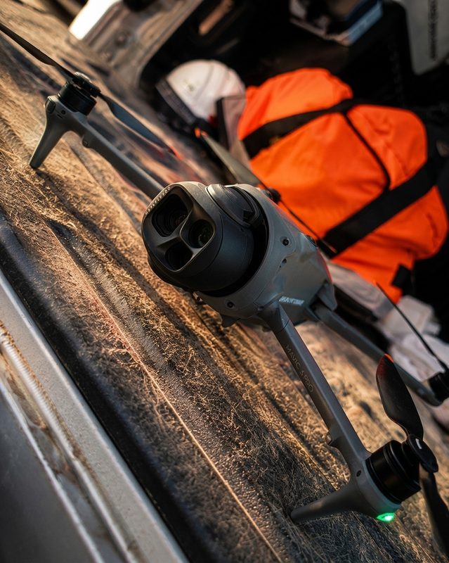 Close-up of a survey drone on a vehicle tailgate with a hard hat and high-visibility bag.