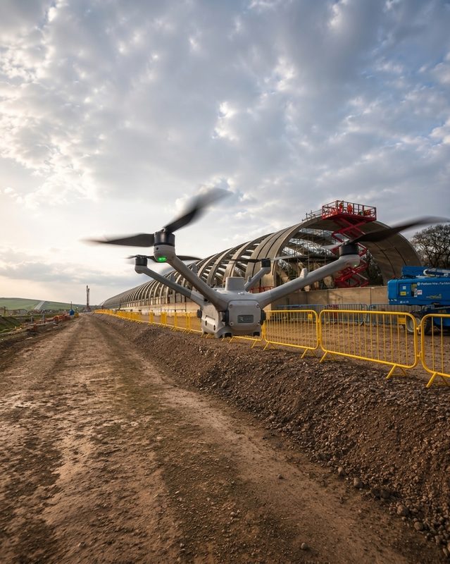 A drone in flight over a large curved concrete bridge structure at a major infrastructure construction site.