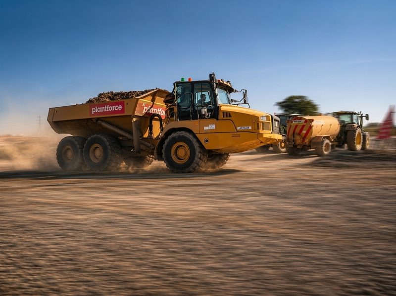 A yellow articulated hauler transporting earth across a dusty construction site during daytime earthworks operations.