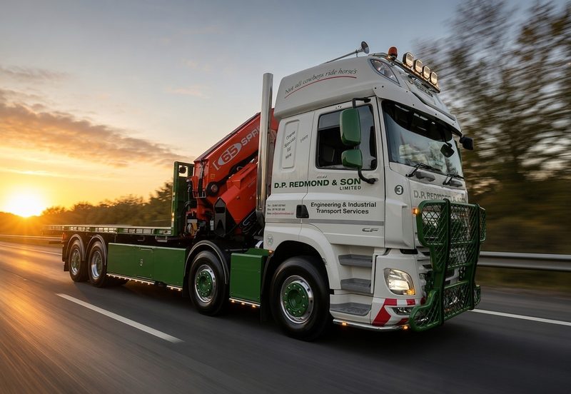 A specialist haulage lorry with a mounted crane driving on a dual carriageway at sunset.