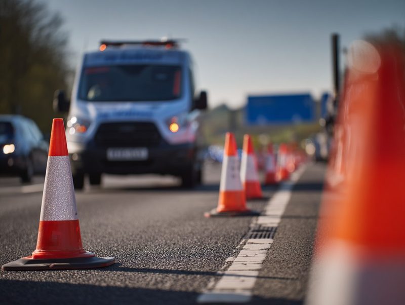 A line of orange traffic cones along a highway with a maintenance vehicle blurred in the background.