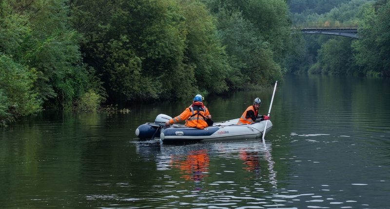 Operatives in an inflatable boat conducting a river survey near a highway bridge structure.