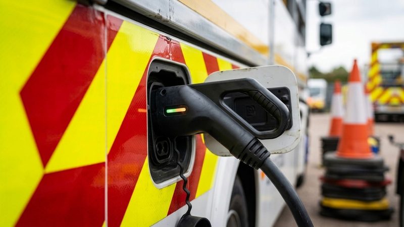 Close-up of a highways vehicle with chevron markings being charged at an EV point in a depot.
