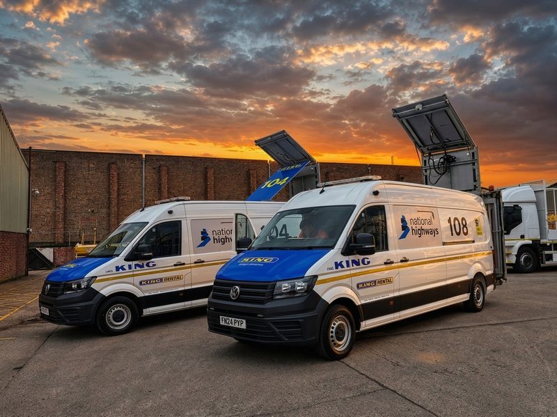 Two liveried traffic management vans with raised light boards parked in a depot yard at sunset.