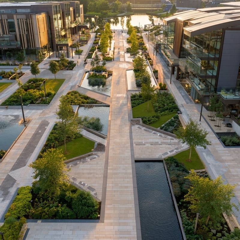 Drone aerial view of a modern landscaped plaza with geometric water features, paving, and contemporary office buildings.