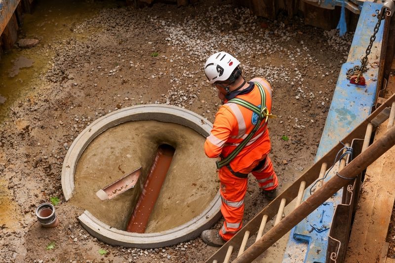 An operative in orange hi-vis and a safety harness inspecting a concrete manhole within an excavated trench.