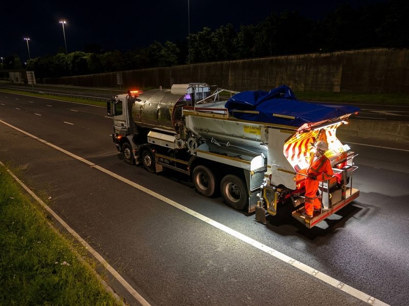 A highway maintenance vehicle operates at night on a dual carriageway with a hi-vis worker on board.